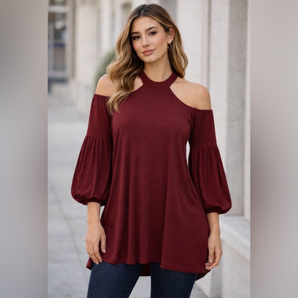 Free People Burgundy Bell Sleeve Off the Shoulder Blouse with Halter Neck